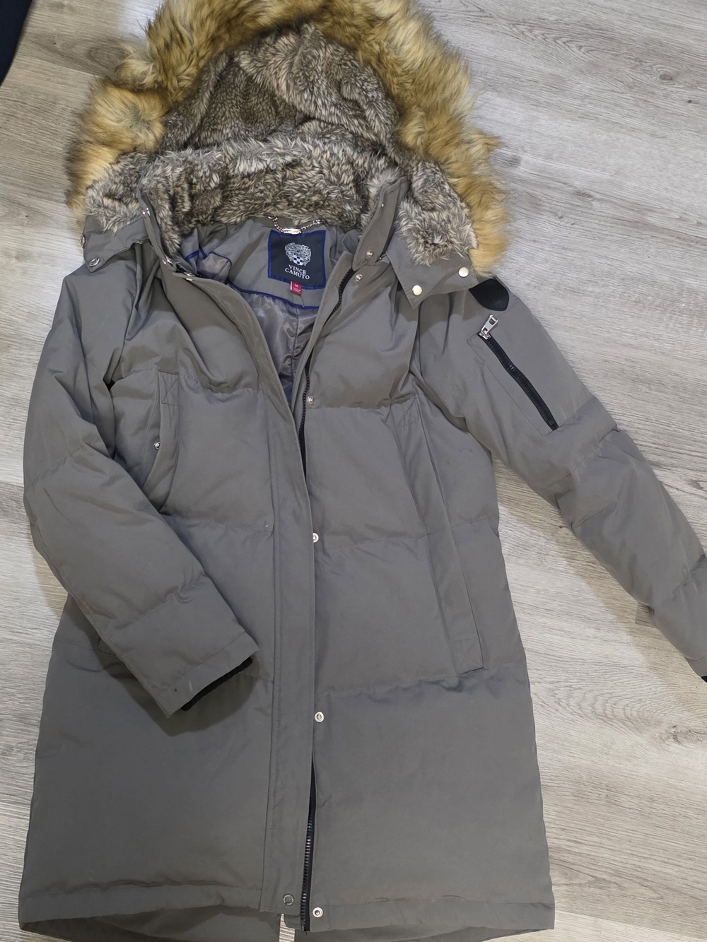 Vince Camuto Gray Down Puffer Parka Jacket Fur Hood Size M